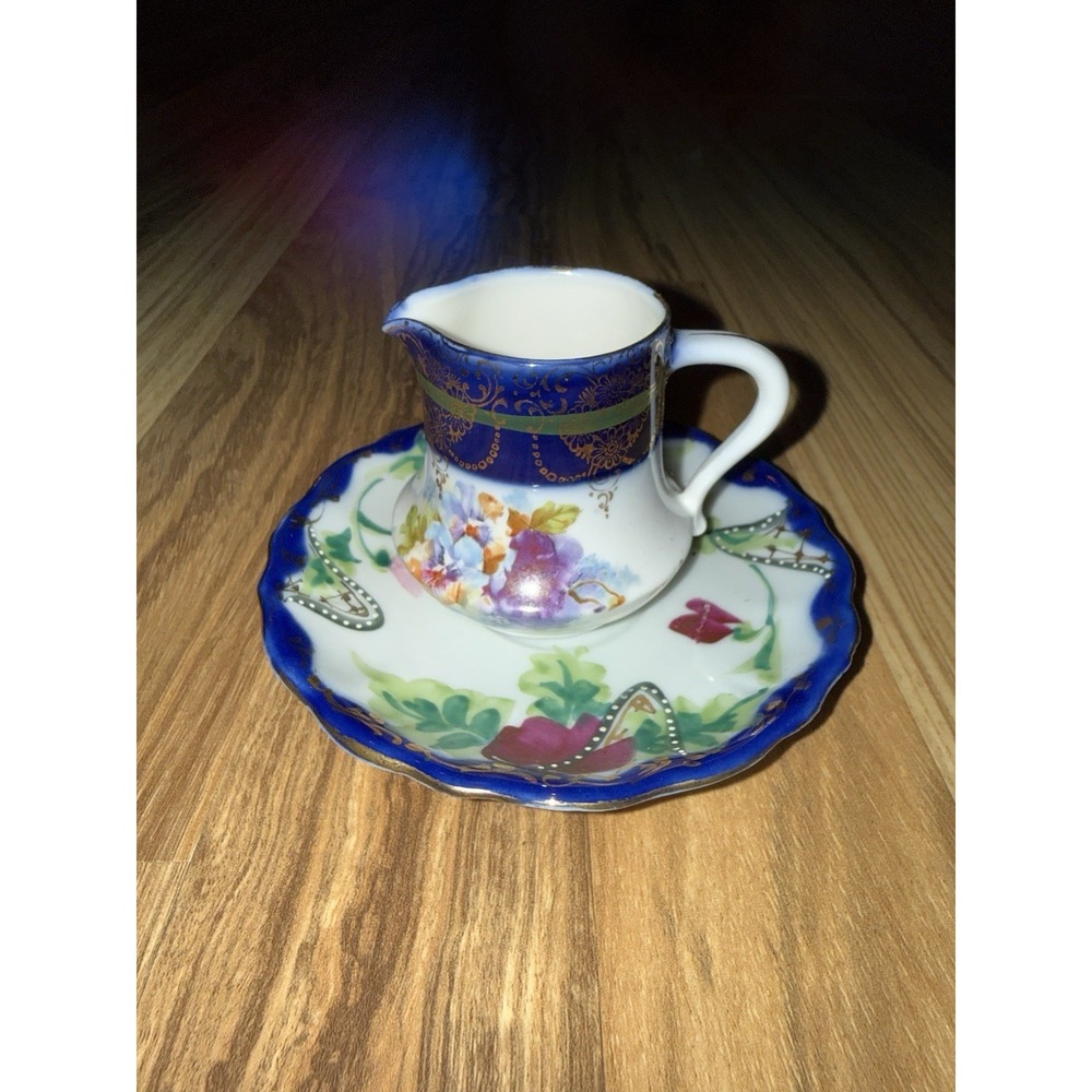 VTG Antique Nippon Hand Painted Flowers Cobalt Blue Demitasse Tea Cup Saucer